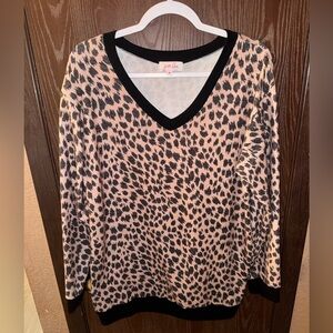 Jess Lea Leopard Print V-Neck Knit Pullover Sweater Beige and Black Size M